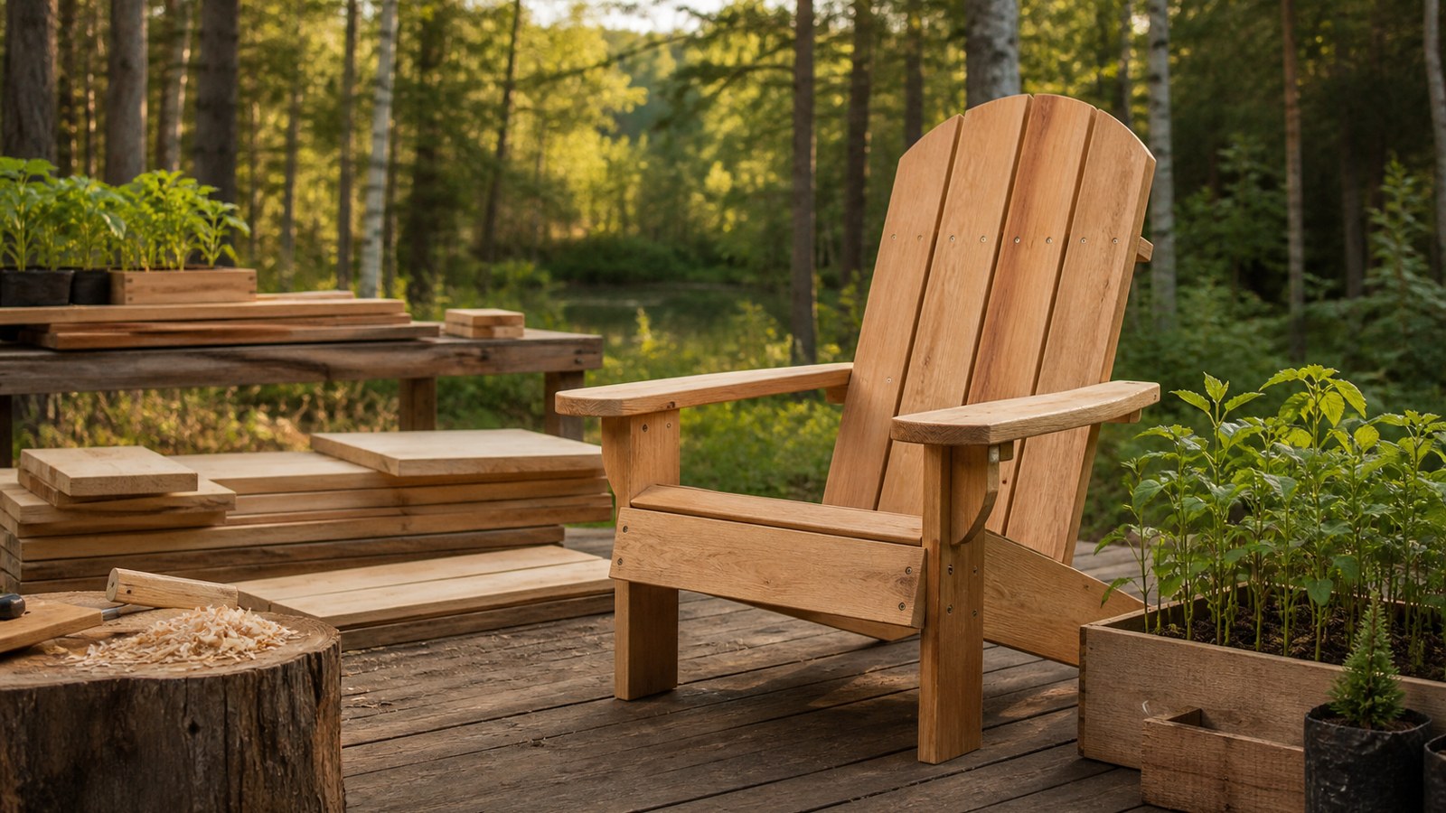 Eco-friendly wood Adirondack chair in a natural garden workshop setting