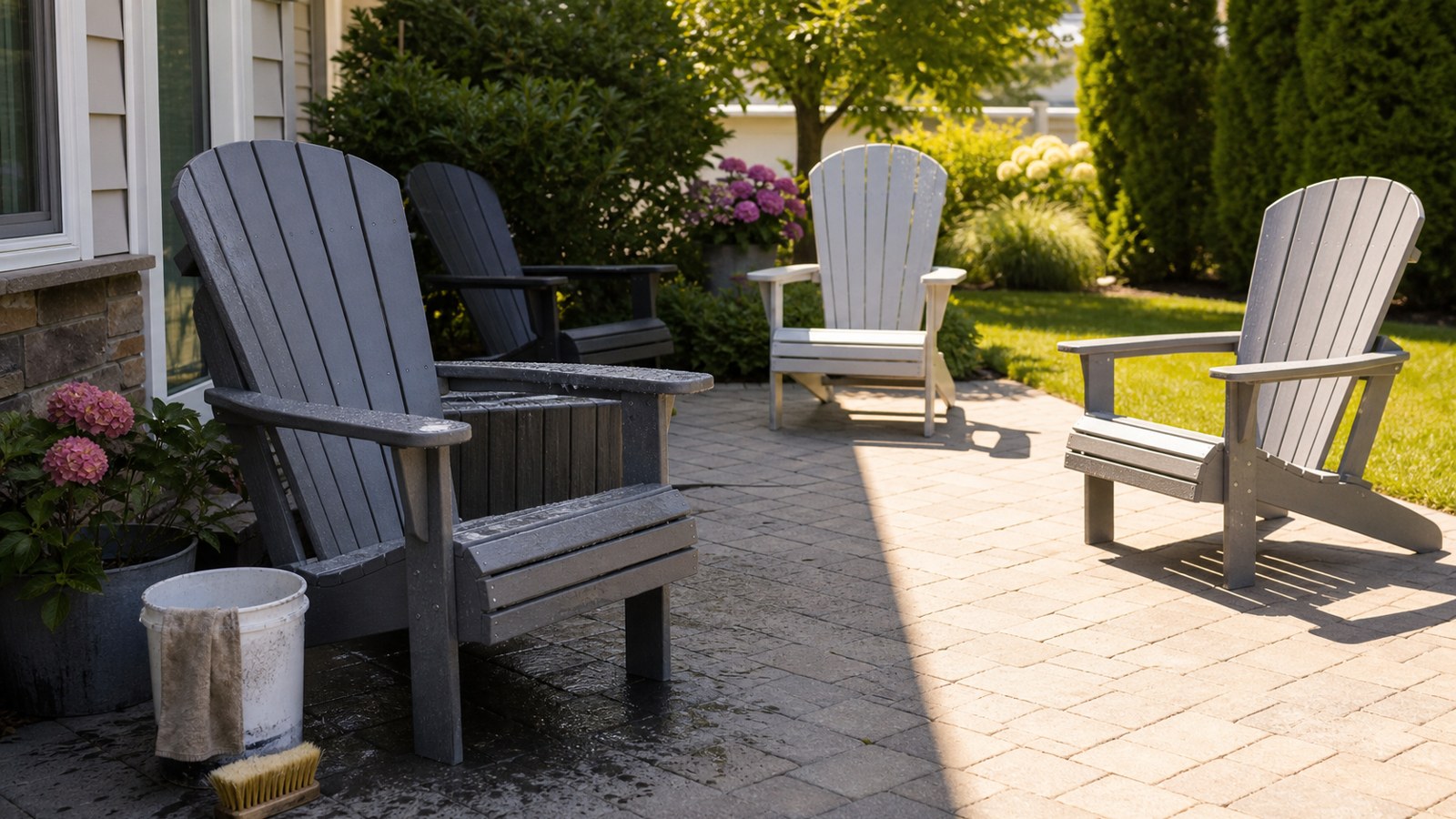Polywood Adirondack chairs arranged on a clean patio for careful inspection