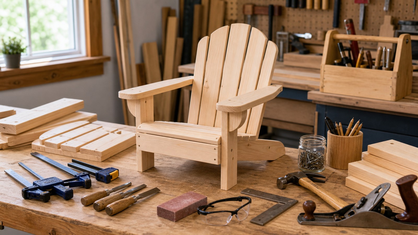 Tools and small Adirondack chair components arranged safely on a workbench