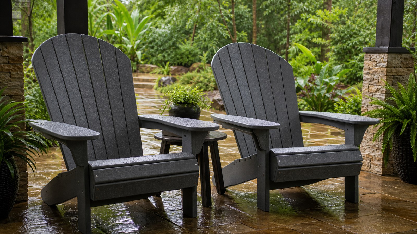 Waterproof oversized Adirondack chairs on a covered rainy patio
