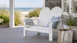 White double Adirondack chair on a coastal cottage porch