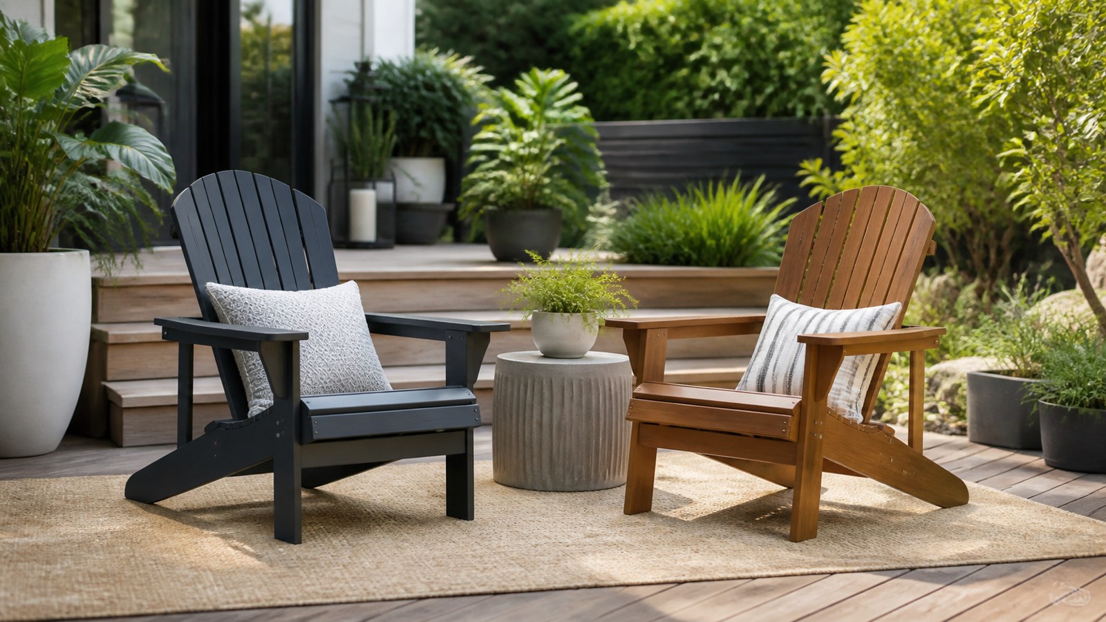 Designer patio with classic and modern Adirondack chairs
